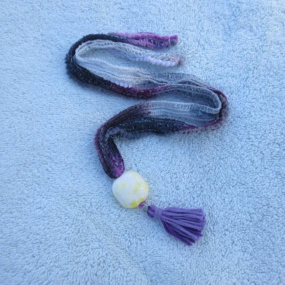 New Boho Purple Fiber Yellow Ceramic Hand Crafted Bead Tassel Necklace - Picture 3 of 8